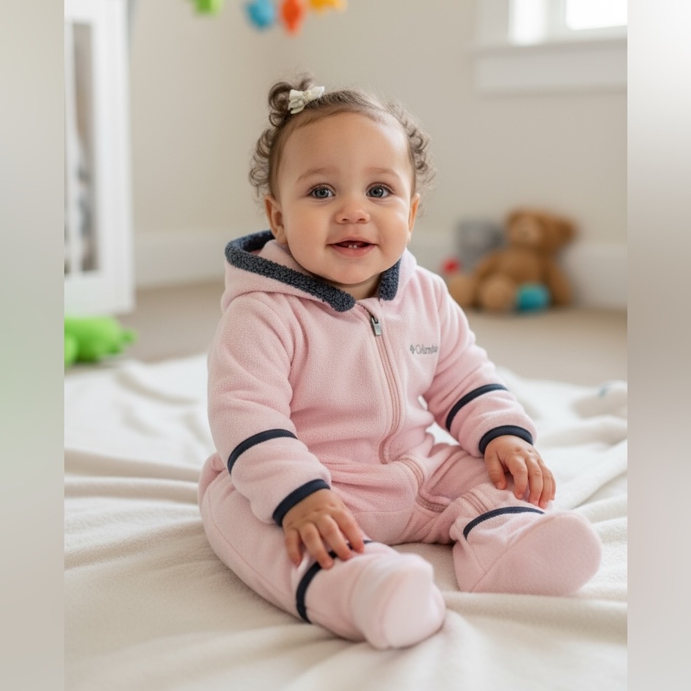 Columbia Baby Fleece Snowsuit Hooded Bare Ears,Hand/Foot Covers Pink 3-6 Months